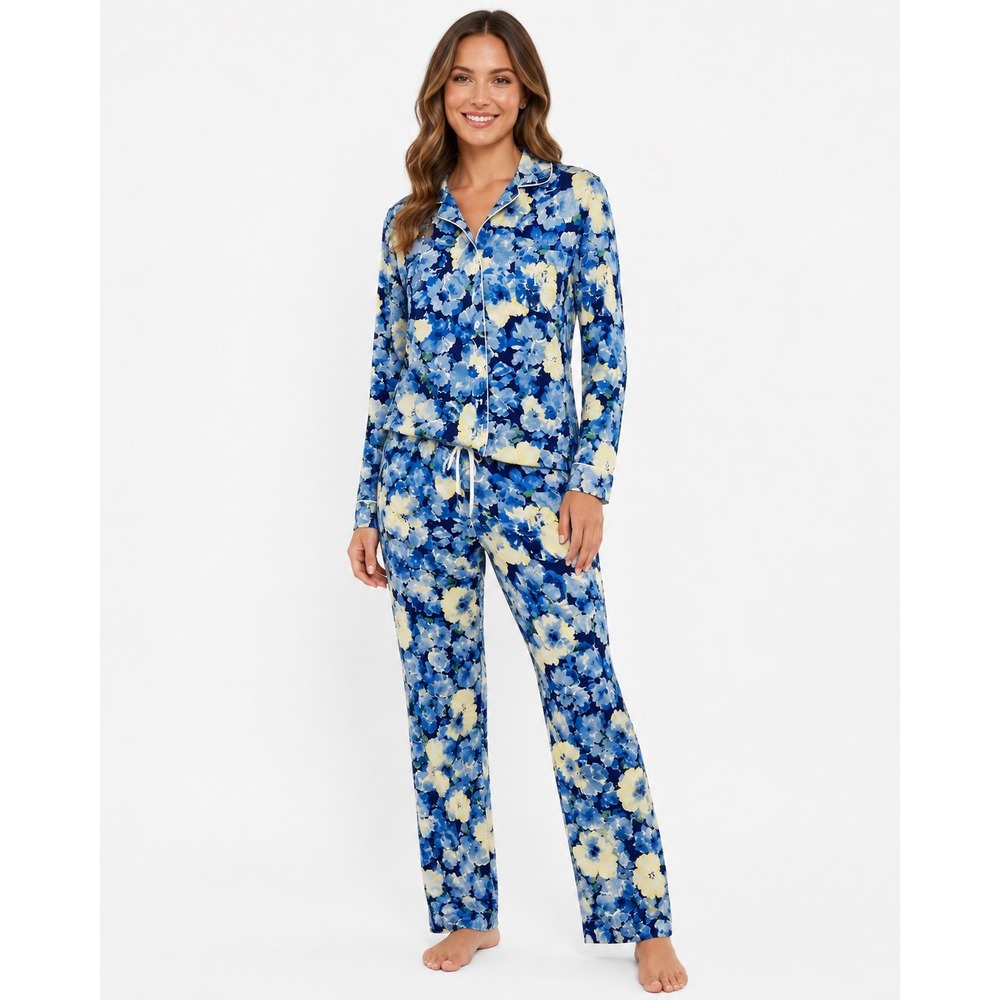 Lauren Ralph Lauren Blue Floral Pajama Set PM Petite Button Up Pants Embroidered